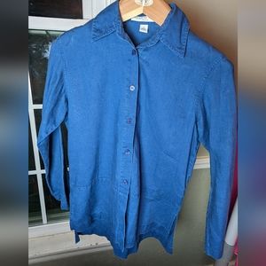 (S)P 100% linen Josephine Chaus dark blue long sleeve button-down blouse.
